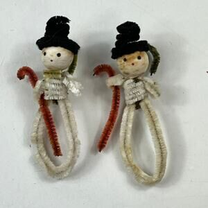Vtg 1950s Chenille Pipe Cleaner Snowman Ornaments Set 2 Christmas Japan Style